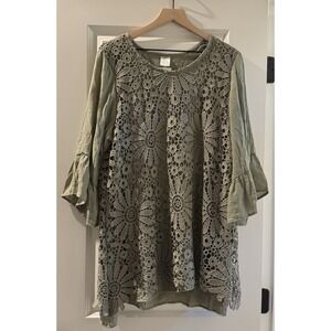 Boho Floral Crochet Lace Tunic Top Sage Green Bell Sleeve Oversized XXL
